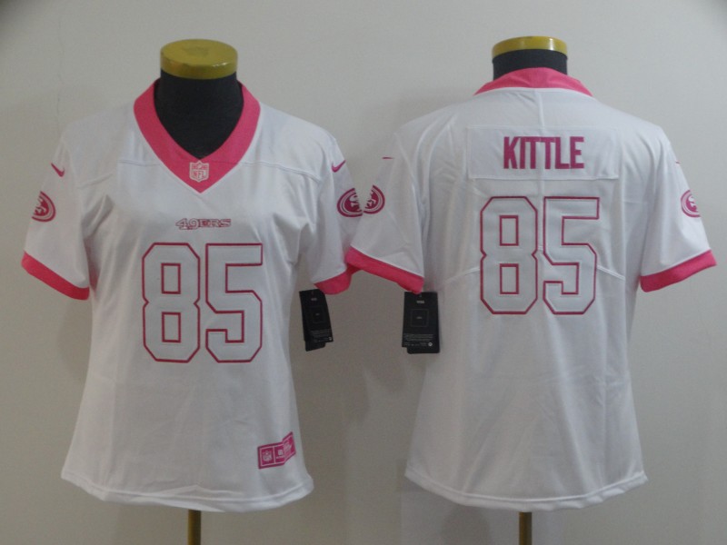 Women Nike 49ers 85 George Kittle White Pink Women Rush Limited Jersey