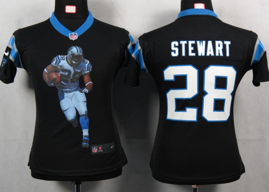 Women NEW NFL Carolina Panthers 28 Stewart Black Portrait Fashion Game Jerseys