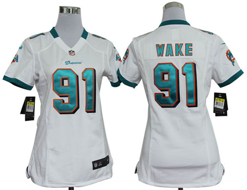 Women NEW Miami Dolphins 91 Cameron Wake White Jerseys