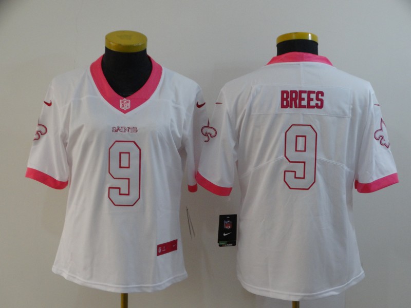 Women Nike Saints 9 Drew Brees White Pink Fashion Women Rush Limited Jersey Women Nike Saints 9 Drew Brees White Pink Fashion Women Rush Limited Jersey