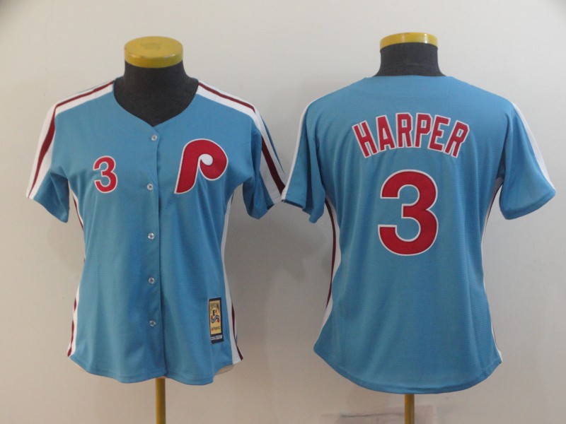Women Phillies 3 Bryce Harper Women Light Blue Cool Base Cooperstown Jersey Women Phillies 3 Bryce Harper Women Light Blue Cool Base Cooperstown Jersey