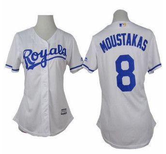 Women Royals #8 Mike Moustakas White Home Stitched Baseball Jersey