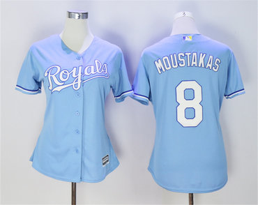 Women Royals 8 Mike Moustakas Light Blue Women Cool Base Jersey