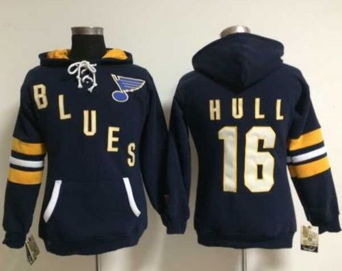 Women St. Louis Blues #16 Brett Hull Navy Blue Old Time Heidi NHL Hoodie