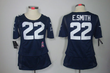 Womens NEW Dallas cowboys 22 E.simth Elite breast Cancer Awareness Blue Jerseys