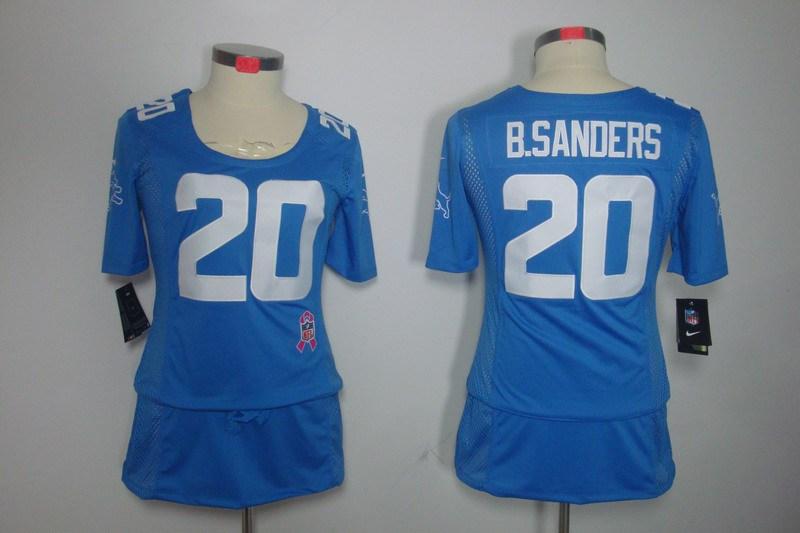 Womens NEW Detroit Lions 20 B.Sanders Elite breast Cancer Awareness Blue Jerseys