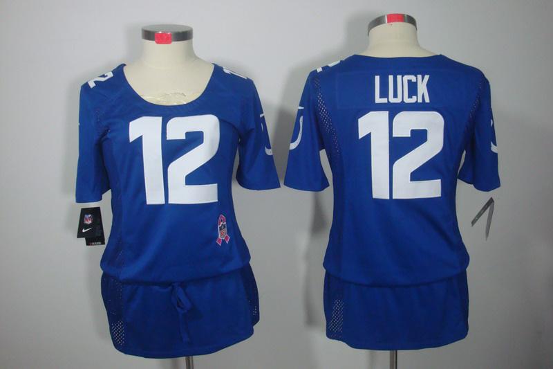 Womens NEW Indianapolis Colts 12 Andrew Luck Elite breast Cancer Awareness Blue Jerseys