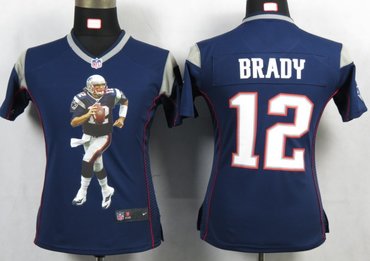 Womens NEW NFL New England Patriots 12 Brady Blue Portrait Fashion Game Jerseys