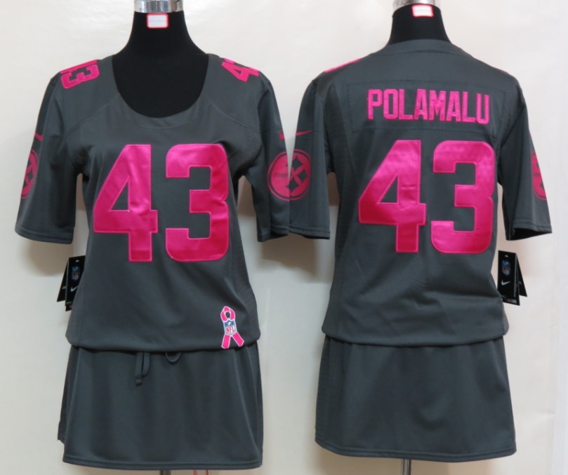 Womens NEW Pittsburgh Steelers 43 Polamalu Elite breast Cancer Awareness Dark grey Jerseys