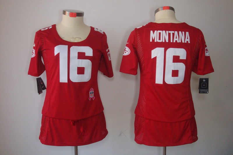 Womens NEW San Francisco 49ers 49ers #16 joe Montana breast Cancer Awareness Red Jerseys