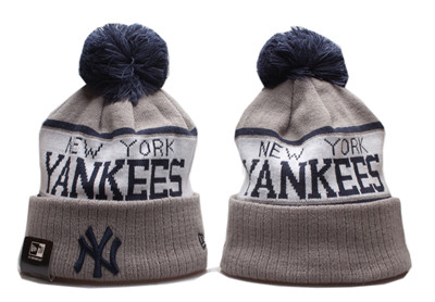 Yankees Team Logo Gray Wordmark Cuffed Pom Knit Hat YP Yankees Team Logo Gray Wordmark Cuffed Pom Knit Hat YP