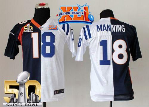 Youth  Nike Broncos #18 Peyton Manning Blue White Super Bowl XLI & Super Bowl 50 Stitched NFL Elite Split Colts Jersey