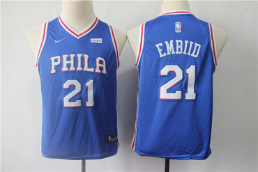 Youth 76ers 21 Joel Embiid Blue Youth Nike Swingman Jersey