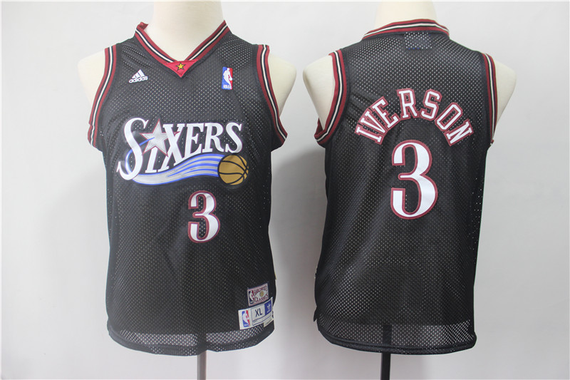 Youth 76ers 3 Allen Iverson Black Youth Hardwood Classics Jersey