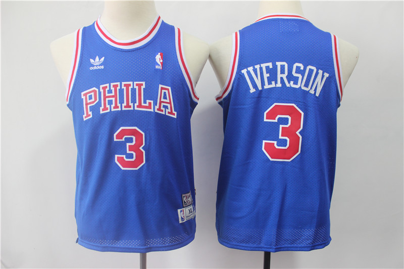 Youth 76ers 3 Allen Iverson Blue Youth Hardwood Classics Jersey