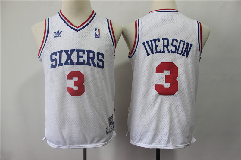 Youth 76ers 3 Allen Iverson White Youth Hardwood Classics Throwback Jersey