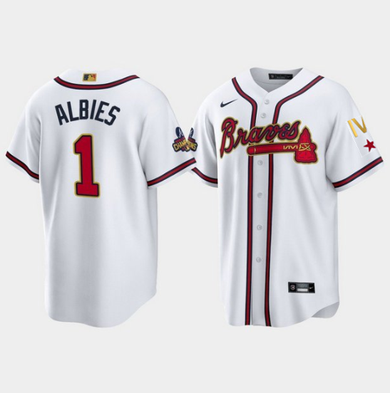 Youth Atlanta Braves #1 Ozzie Albies 2022 White Gold World Series Champions Program Cool Base Stitched Jersey Youth Atlanta Braves #1 Ozzie Albies 2022 White Gold World Series Champions Program Cool Base Stitched Jersey