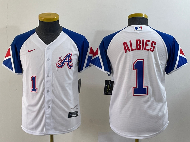 Youth Atlanta Braves #1 Ozzie Albies White 2023 City Connect With Patch Stitched Baseball Jersey Youth Atlanta Braves #1 Ozzie Albies White 2023 City Connect With Patch Stitched Baseball Jersey