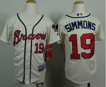 Youth Atlanta Braves #19 Andrelton Simmons Cream Cool Base Baseball Jersey