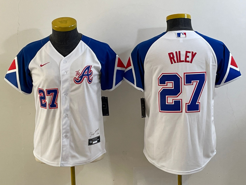 Youth Atlanta Braves #27 Austin Riley White 2023 City Connect With Patch Stitched Baseball Youth Atlanta Braves #27 Austin Riley White 2023 City Connect With Patch Stitched Baseball