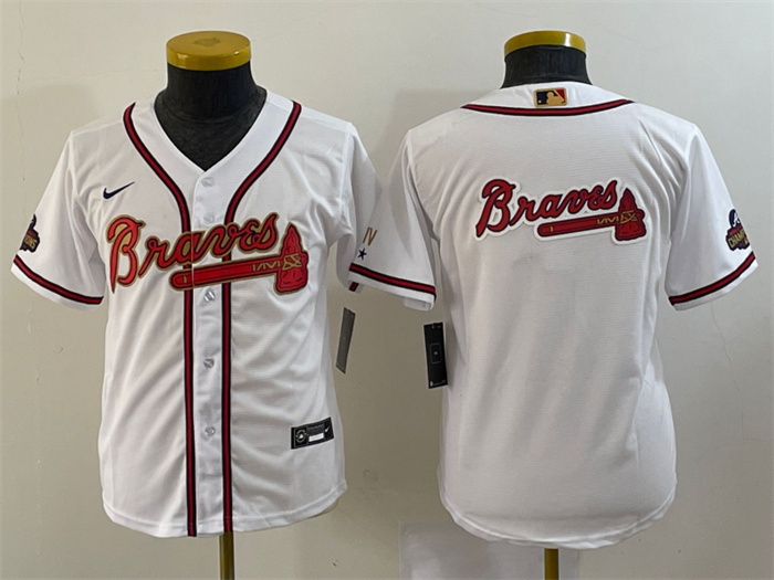 Youth Atlanta Braves Team Big Logo 2022 White Gold World Series Champions Program Stitched Jersey Youth Atlanta Braves Team Big Logo 2022 White Gold World Series Champions Program Stitched Jersey