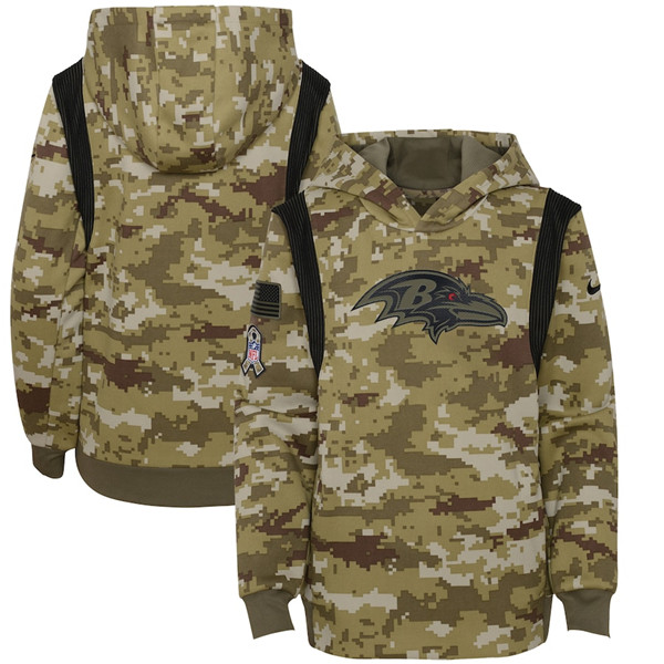 Youth Baltimore Ravens 2021 Camo Salute To Service Therma Performance Pullover Hoodie Youth Baltimore Ravens 2021 Camo Salute To Service Therma Performance Pullover Hoodie