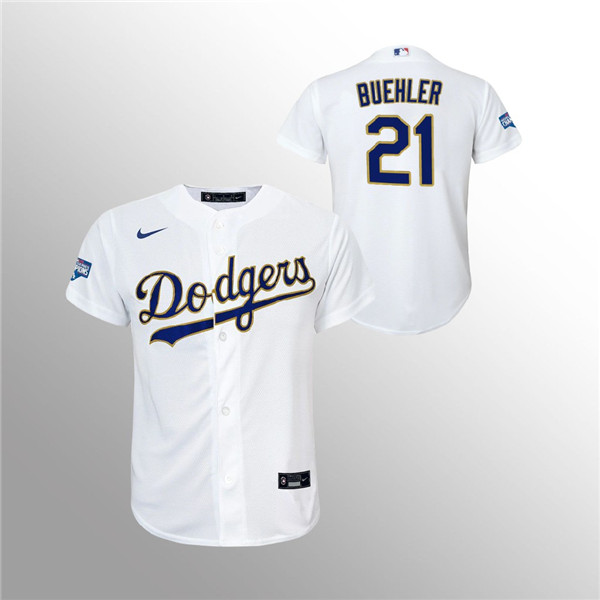 Youth Dodgers #21 Walker Buehler White 2021 Gold Program Replica Jersey
