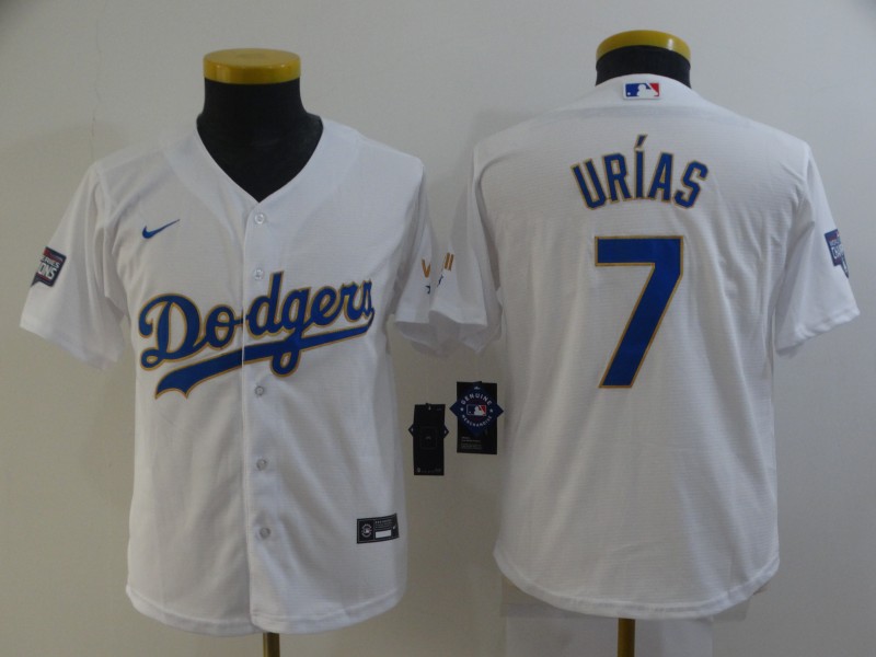 Youth Dodgers #7 Julio Urias White 2021 Gold Program Replica Jersey