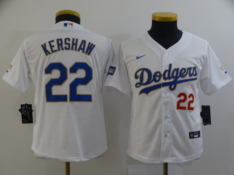 Youth Dodgers 22 Clayton Kershaw White Youth Nike 2021 Gold Program Cool Base Jersey