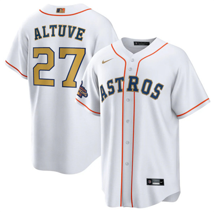 Youth Houston Astros #27 Jose Altuve White 2023 Gold Collection With World Serise Champions Patch Cool Base Stitched Baseball Jersey Youth Houston Astros #27 Jose Altuve White 2023 Gold Collection With World Serise Champions Patch Cool Base Stitched Baseball Jersey