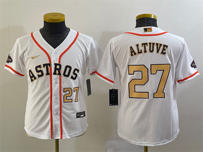 Youth Houston Astros #27 Jose Altuve White 2023 Gold Collection With World Serise Champions Patch Stitched Baseball Jersey Youth Houston Astros #27 Jose Altuve White 2023 Gold Collection With World Serise Champions Patch Stitched Baseball Jersey