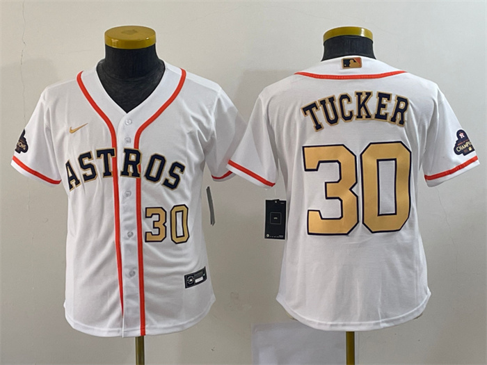 Youth Houston Astros #30 Kyle Tucker White 2023 Gold Collection With World Serise Champions Patch Stitched Baseball Jersey Youth Houston Astros #30 Kyle Tucker White 2023 Gold Collection With World Serise Champions Patch Stitched Baseball Jersey