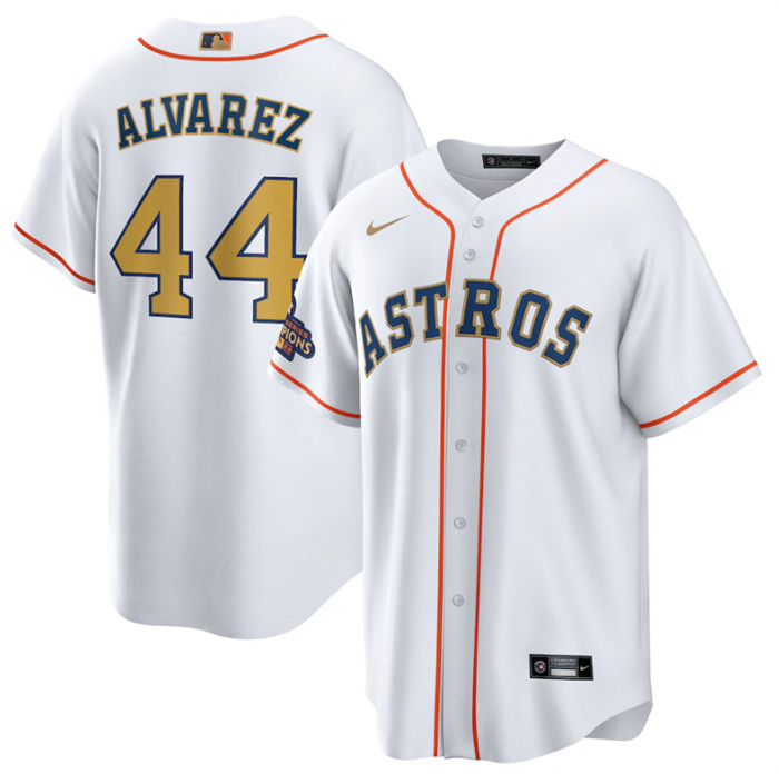 Youth Houston Astros #44 Yordan Alvarez White 2023 Gold Collection With World Serise Champions Patch Stitched Baseball Jersey Youth Houston Astros #44 Yordan Alvarez White 2023 Gold Collection With World Serise Champions Patch Stitched Baseball Jersey
