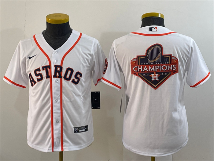 Youth Houston Astros White 2022 World Series Champions Team Big Logo With Patch Cool Base Stitched Jersey Youth Houston Astros White 2022 World Series Champions Team Big Logo With Patch Cool Base Stitched Jersey