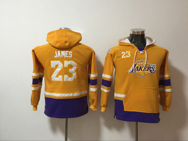 Youth Lakers 23 Lebron James Gold Youth All Stitched Hooded Sweatshirt