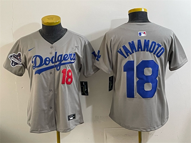 Youth Los Angeles Dodgers #18 Yoshinobu Yamamoto Grey 2025 World Series Champions Patch Limited Stitched Baseball Jersey