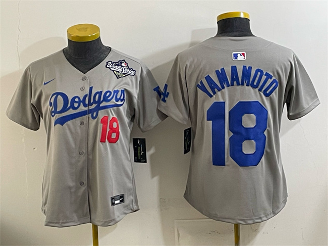 Youth Los Angeles Dodgers #18 Yoshinobu Yamamoto Grey 2025 World Series Patch Limited Stitched Baseball Jersey Youth Los Angeles Dodgers #18 Yoshinobu Yamamoto Grey 2025 World Series Patch Limited Stitched Baseball Jersey