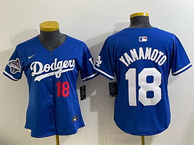 Youth Los Angeles Dodgers #18 Yoshinobu Yamamoto Royal 2025 World Series Champions Patch Limited Stitched Baseball Jersey