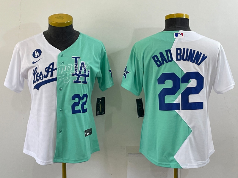 Youth Los Angeles Dodgers #22 Bad Bunny 2022 All-Star White Green Split Stitched Jersey Youth Los Angeles Dodgers #22 Bad Bunny 2022 All-Star White Green Split Stitched Jersey
