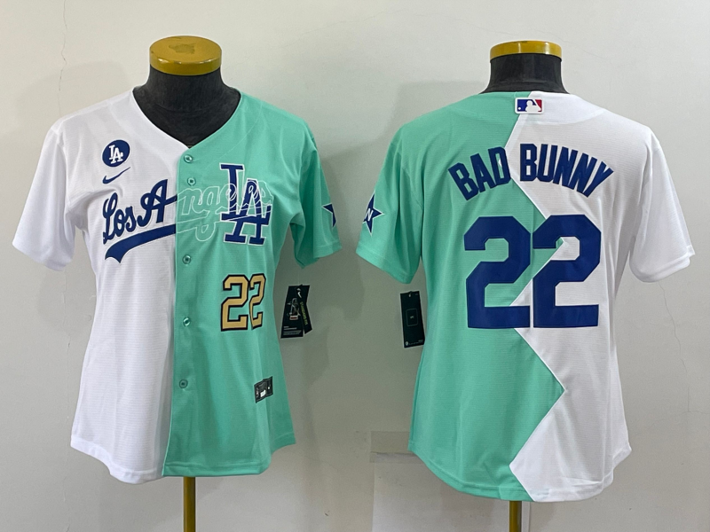 Youth Los Angeles Dodgers #22 Bad Bunny 2022 All-Star White Green Split Stitched Jerseys 2 Youth Los Angeles Dodgers #22 Bad Bunny 2022 All-Star White Green Split Stitched Jerseys 2