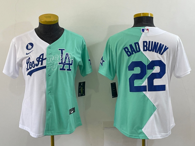 Youth Los Angeles Dodgers #22 Bad Bunny 2022 All-Star White Green Split Stitched Jerseys Youth Los Angeles Dodgers #22 Bad Bunny 2022 All-Star White Green Split Stitched Jerseys