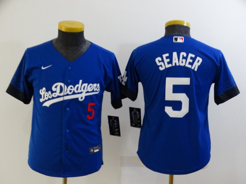 Youth Los Angeles Dodgers #5 Corey Seager Blue 2021 City Connect Number Cool Base Stitched Jersey Youth Los Angeles Dodgers #5 Corey Seager Blue 2021 City Connect Number Cool Base Stitched Jersey