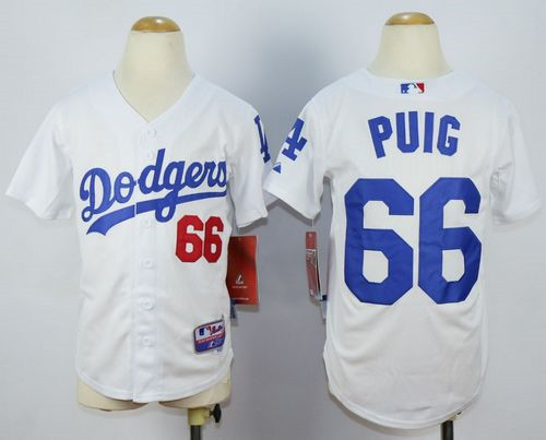 Youth Los Angeles Dodgers #66 Yasiel Puig White Cool Base Stitched Baseball Jersey