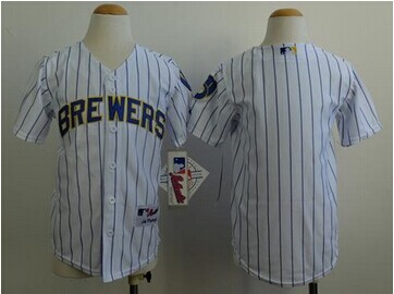 Youth MLB Brewers Blank White(Blue Stripe) Cool Base Jersey