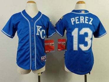 Youth MLB Kansas City Royals #13 Salvador Perez Blue Cool Base Baseball Jersey