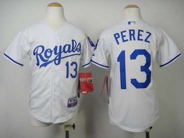 Youth MLB Kansas City Royals #13 Salvador Perez White Cool Base Stitched Jersey