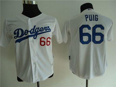 Youth MLB Los Angeles Dodgers #66 Yasiel Puig White Cool Base Baseball Jersey