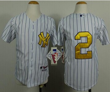 Youth MLB Yankees #2 Derek Jeter White Fashion Gold Jersey