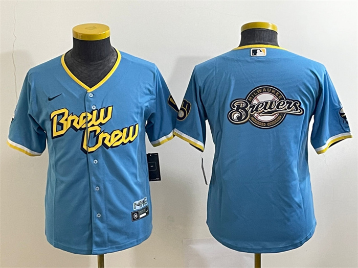 Youth Milwaukee Brewers Powder Blue Team Big Logo City Connect Stitched Jersey Youth Milwaukee Brewers Powder Blue Team Big Logo City Connect Stitched Jersey