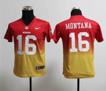 Youth NEW NFL San Francisco 49ers 16 Joe Montana Red-Yellow Drift Fashion II Jerseys